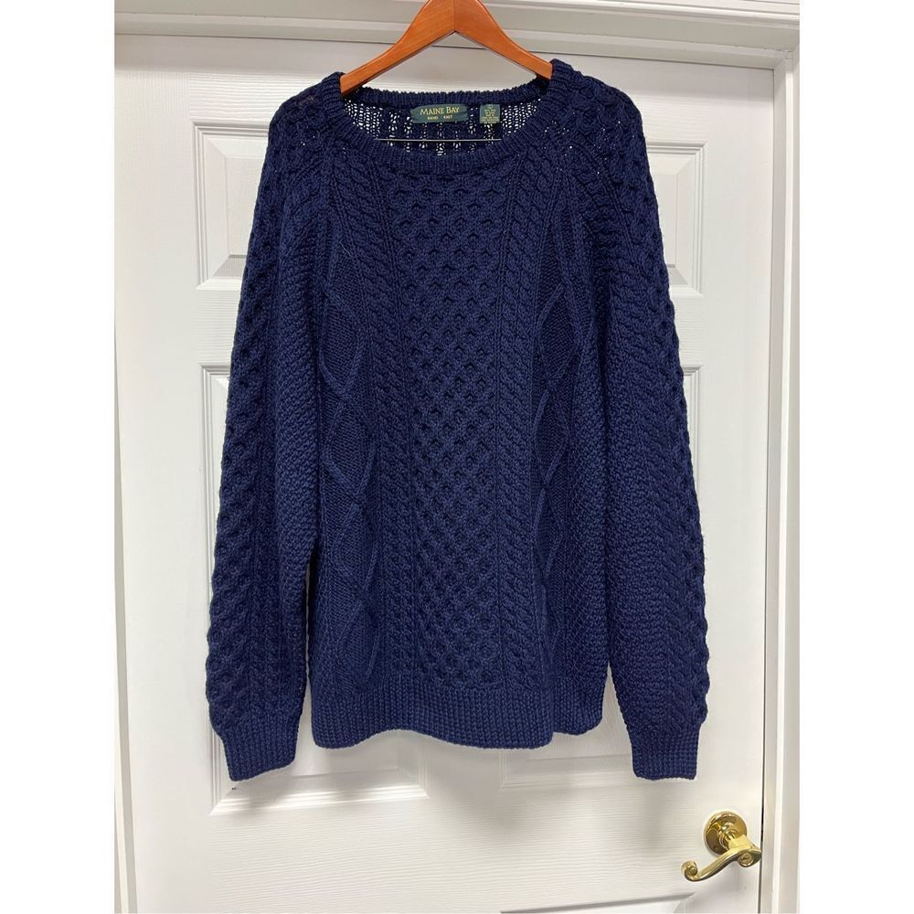 Maine Bay Hand Knit Wool Navy Cable Knit Crew Neck Sweater sz L EUC